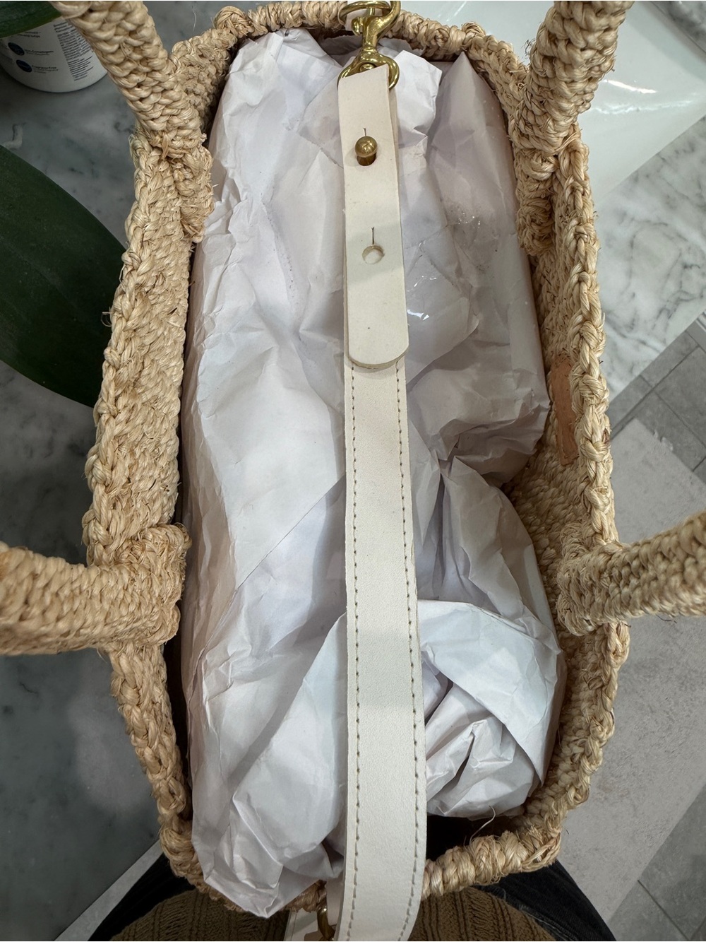 Round Woven Straw Tote Bag - Natural Beige - Picture 6 of 7